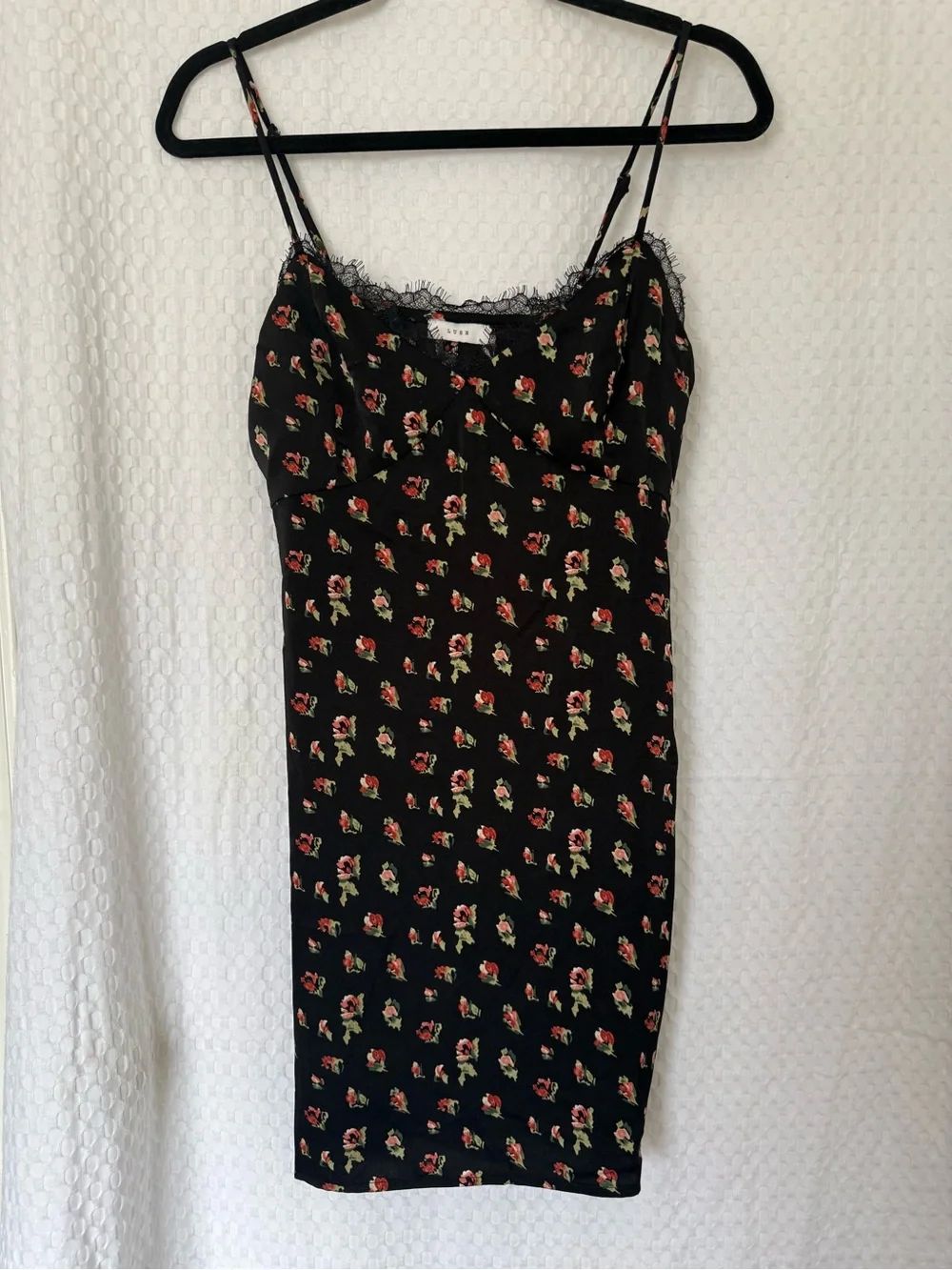 Lush Floral Lace Trim Satin Slip Dress Black Rose Print Mini Dress Medium NWT - Picture 2 of 5